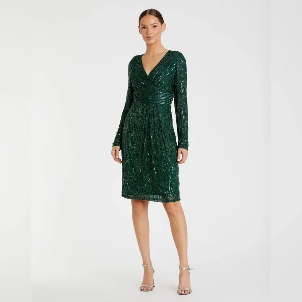Mac Duggal Embellished Surplice Long Sleeved Midi Sequin Gown Emerald 2 4632